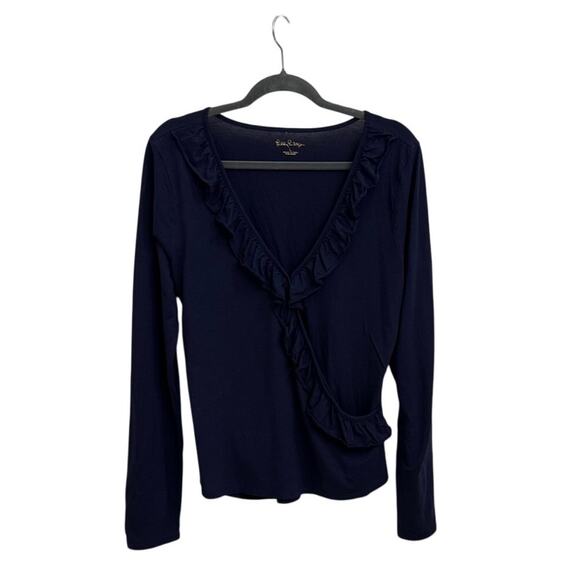 Lilly Pulitzer Loreda Ruffle Wrap Navy Blue Long Sleeve Shirt Size Women's Large - Picture 2 of 4
